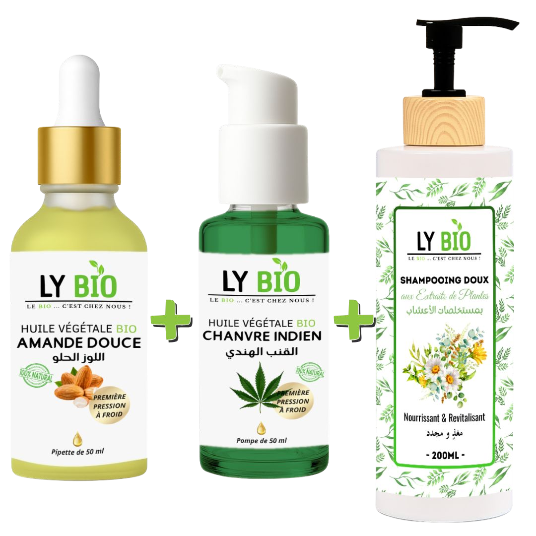 Pack Huile Amande Douce 50ml - Pipette + Huile Chanvre 50ml - Pompe + Shampooing aux Extraits de Plantes 200ml