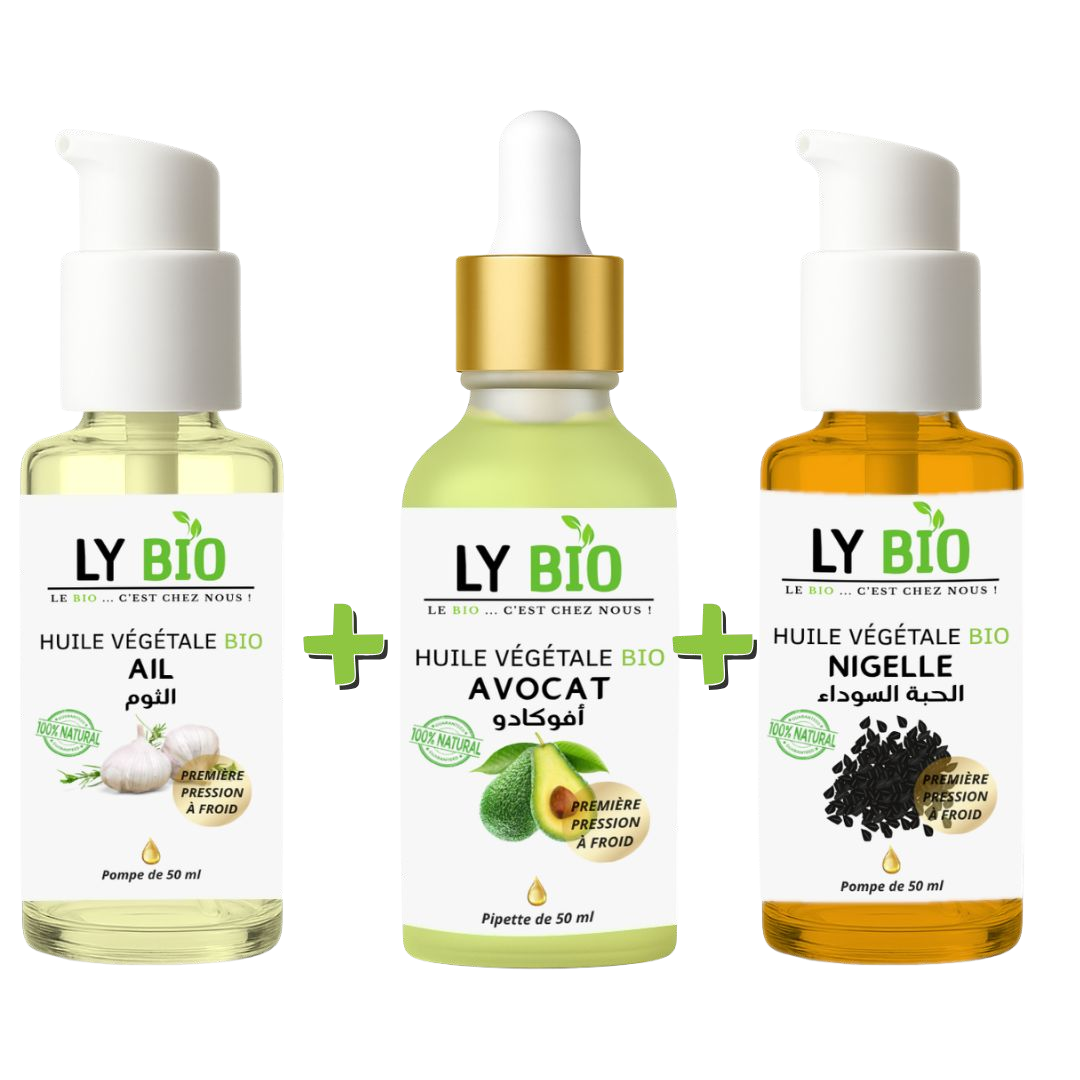 Pack Huile Ail 50ml - Pompe + Huile Avocat 50ml - Pipette + Huile Nigelle 50ml - Pompe