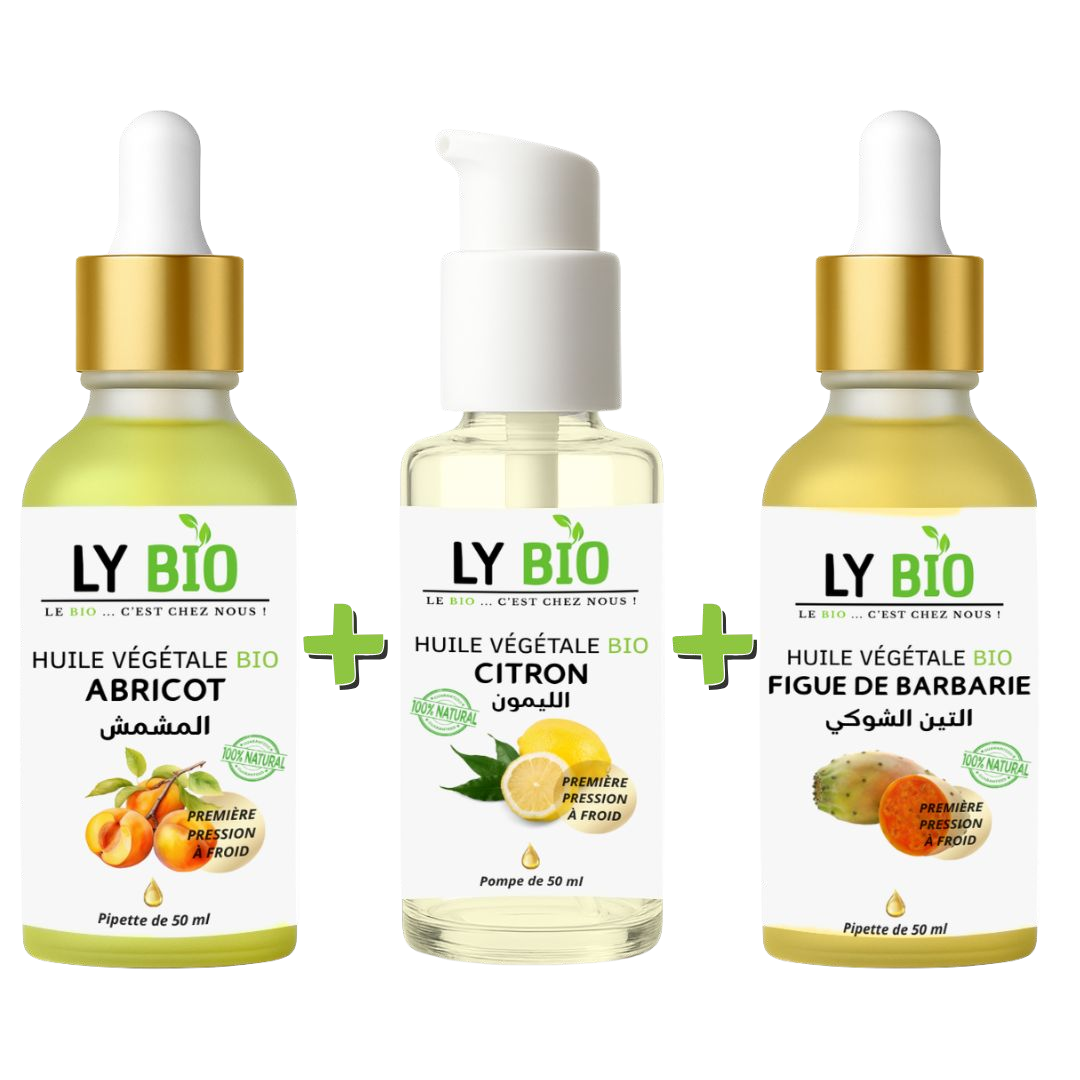 Pack Huile Abricot 50ml - Pipette + Huile Citron 50ml - Pompe + Huile Figue de Barbarie 50ml - Pipette