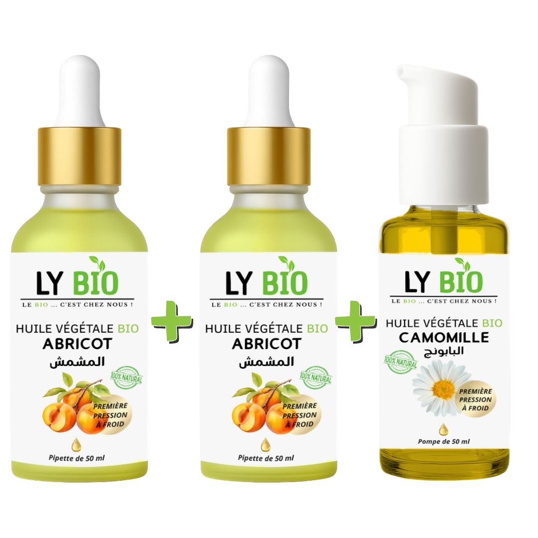 PACK 2 X HUILE ABRICOT 50ML - PIPETTE + HUILE CAMOMILLE 50ML - POMPE