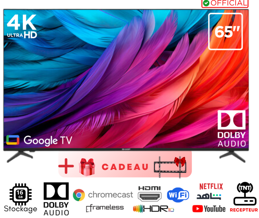 Sharp 65 GOOGLE TV - 4K UHD Smart Officiel - Dolby AUDIO - HDR10 - Qualité japonaise - 65GLEDSHP
