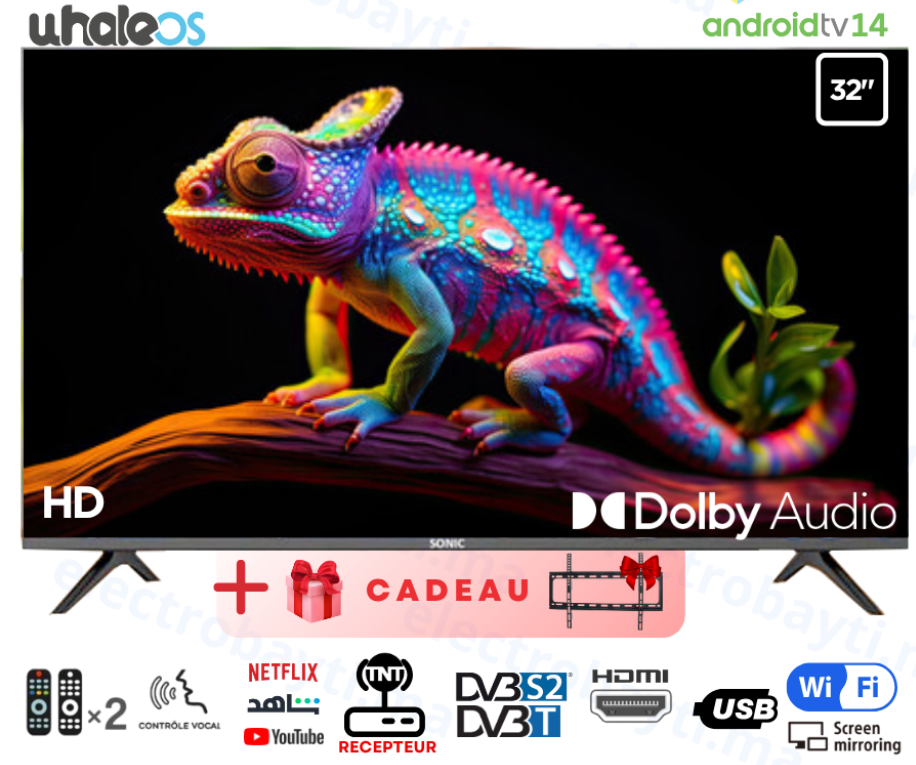 Sonic 32 Smart TV - Frameless HD - Récepteur Intégré HDMI + Support Mural