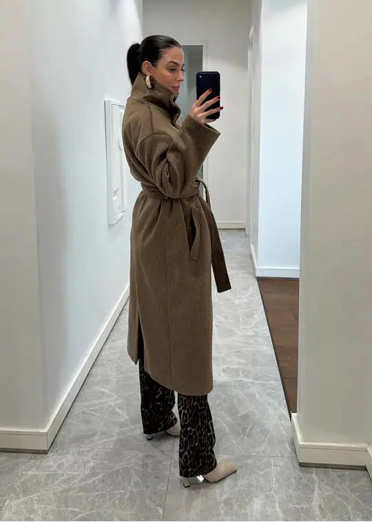 Manteau Long Ceinturé À Col Montant thumbnail 4