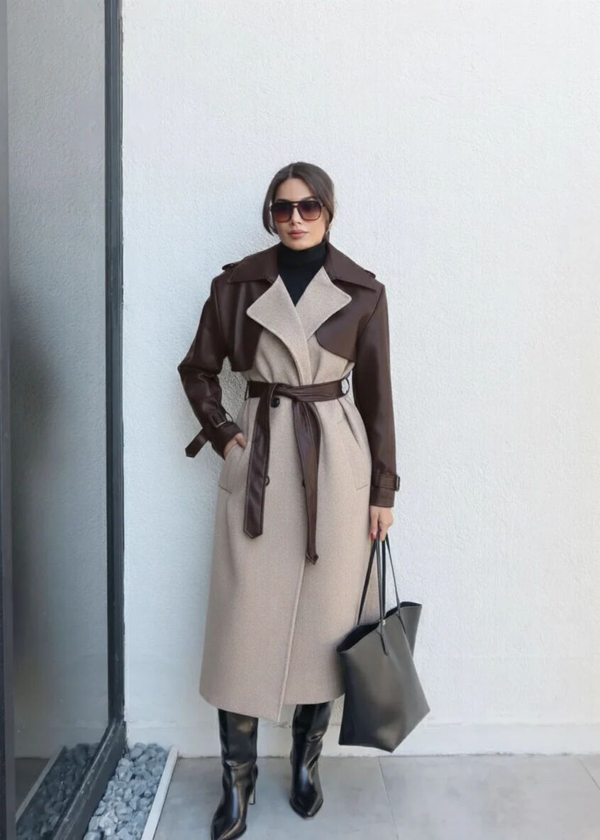 Manteau Long À Chevrons / Détails En Cuir