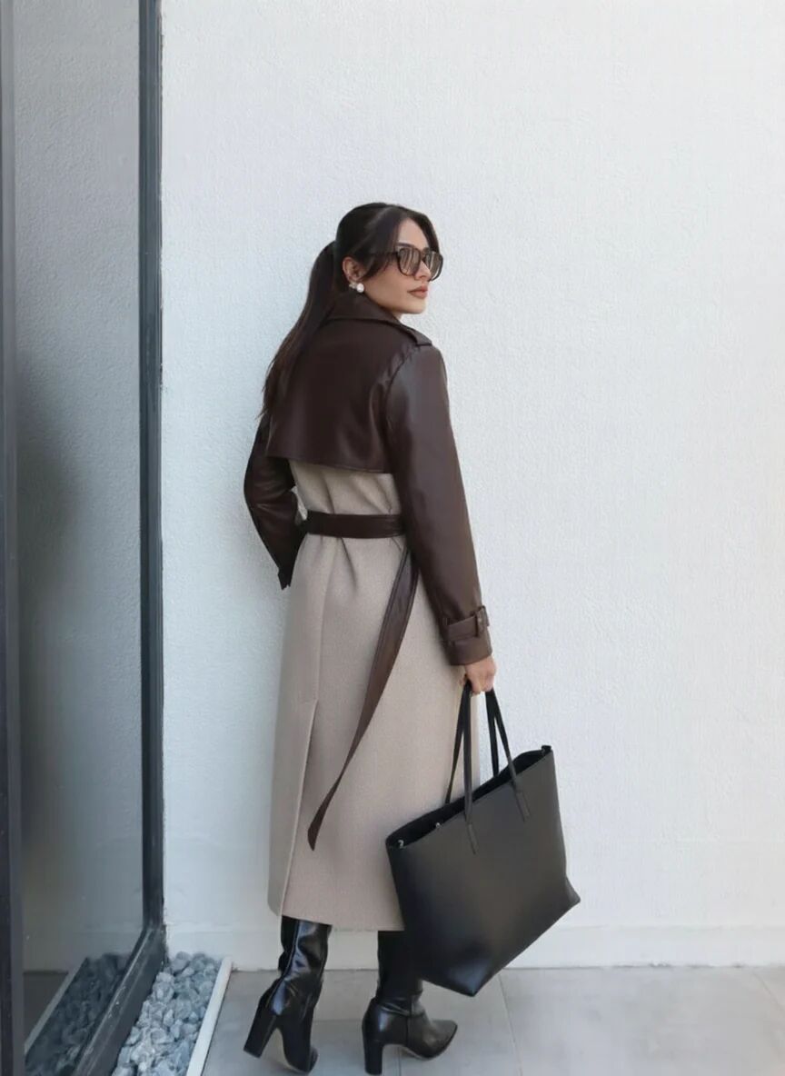 Manteau Long À Chevrons / Détails En Cuir