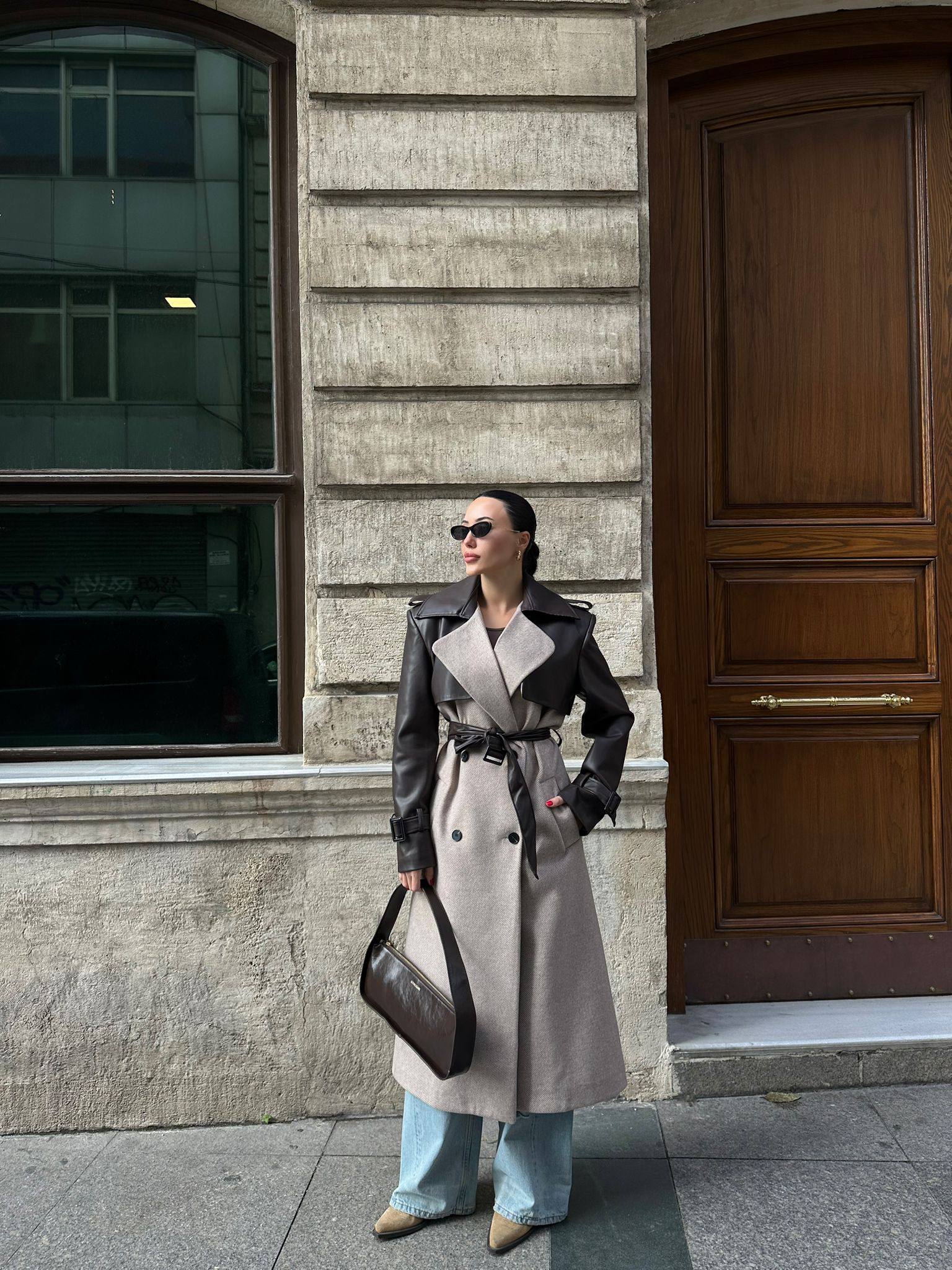 Manteau Long À Chevrons / Détails En Cuir thumbnail 3