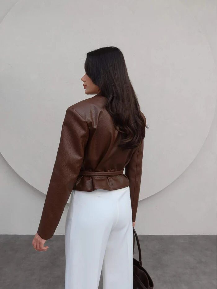 Jacket Ceinturé En Similicuir - Marron thumbnail 3