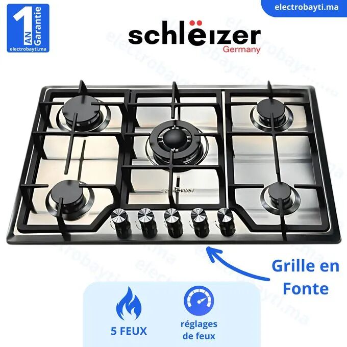 Schlëizer Plaque De Cuisson - À Gaz - 5 Feux - INOX