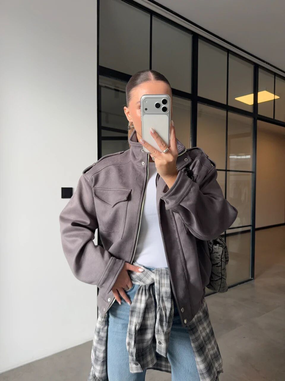 Blouson Bomber En Daim À Col Montant thumbnail 1