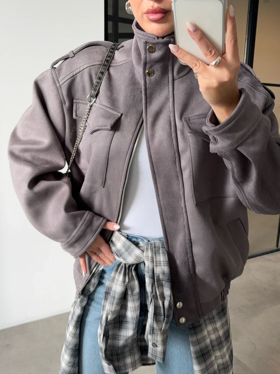 Blouson Bomber En Daim À Col Montant thumbnail 4