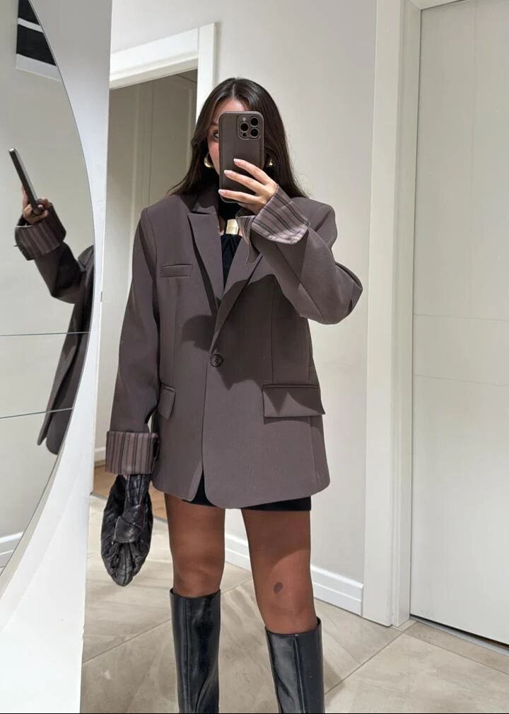 Blazer Oversize À Doublure Rayée - Taupe