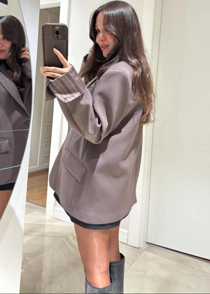 Blazer Oversize À Doublure Rayée - Taupe
