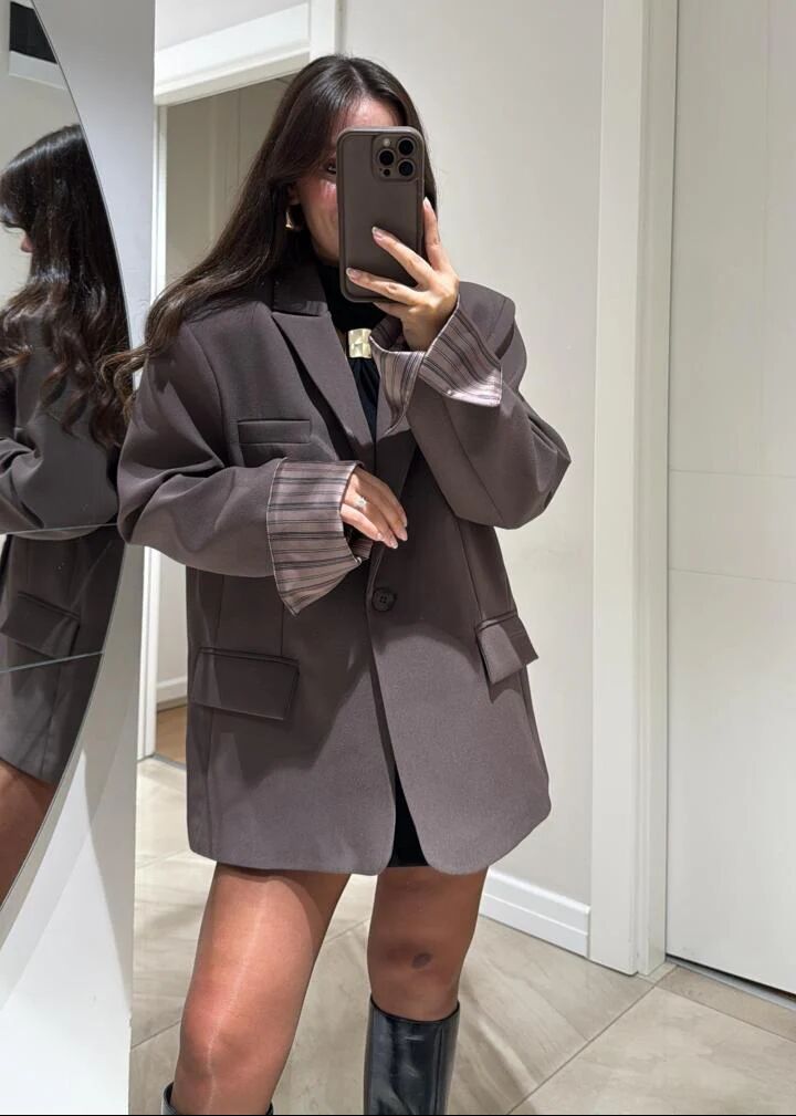 Blazer Oversize À Doublure Rayée - Taupe