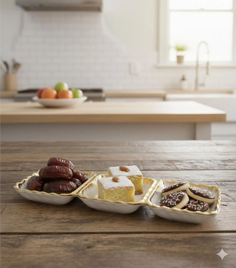 Présentoir En Porcelaine À 3 Compartiments Avec Bordure Dorée