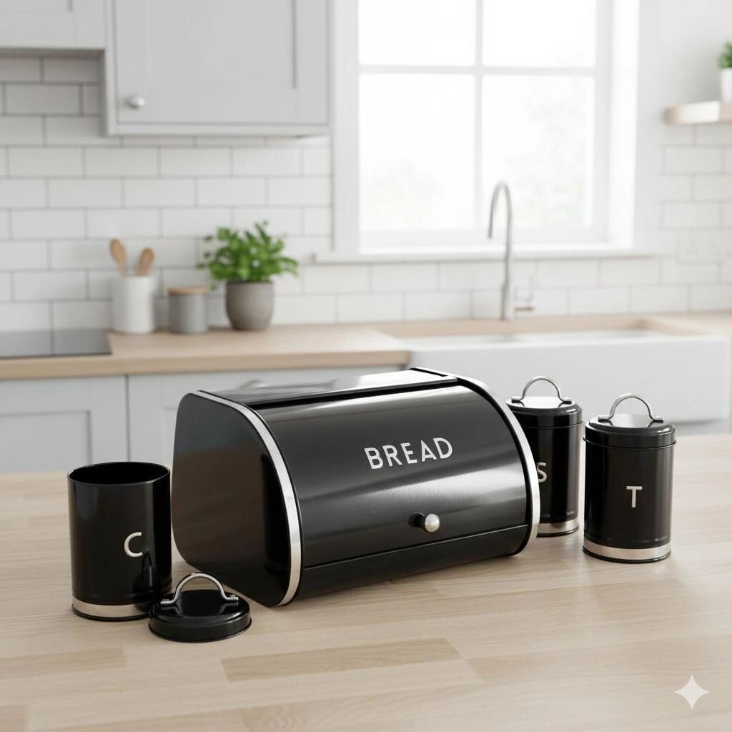 Set de Conservation de Cuisine 4 Pièces - Boîte à Pain et 3 Boîtes Hermétiques - Design Noir et Argent