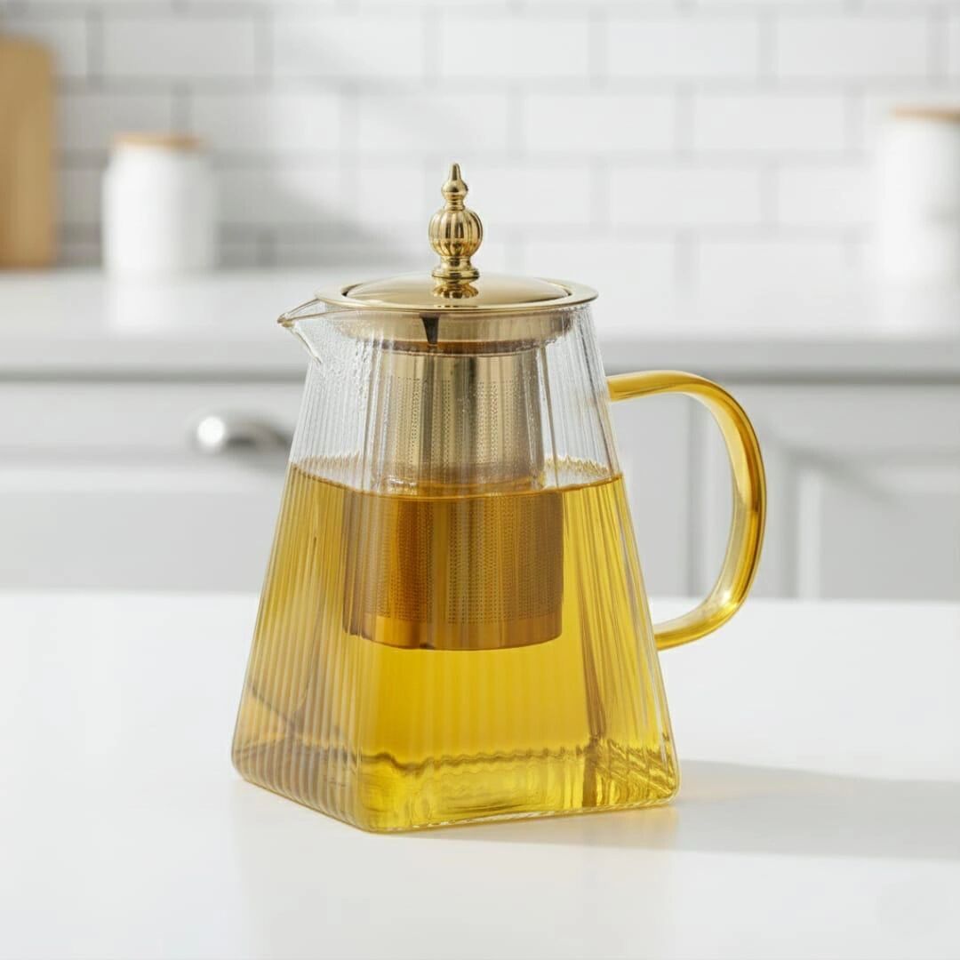 Théière en verre avec infuseur en acier doré – résistante à la chaleur 