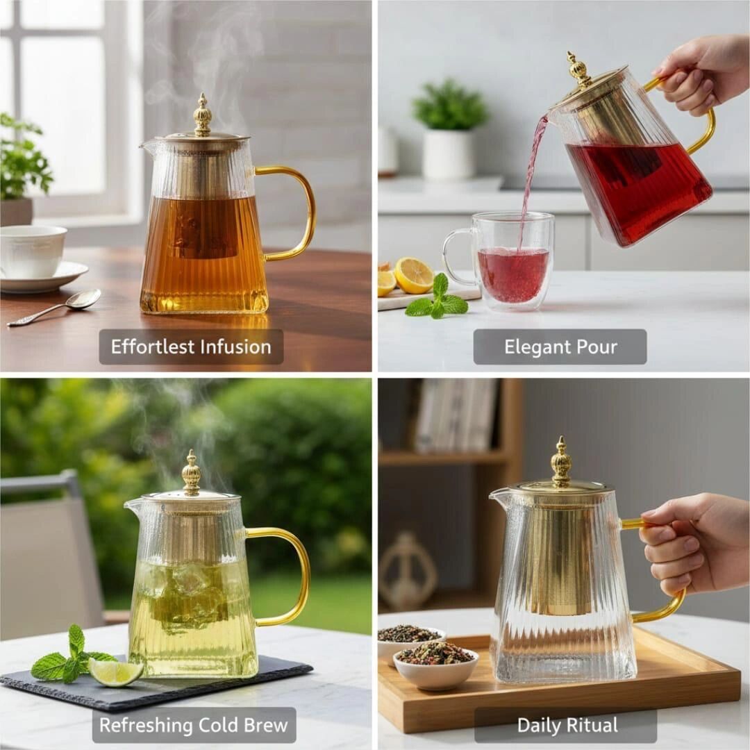 Théière en verre avec infuseur en acier doré – résistante à la chaleur 