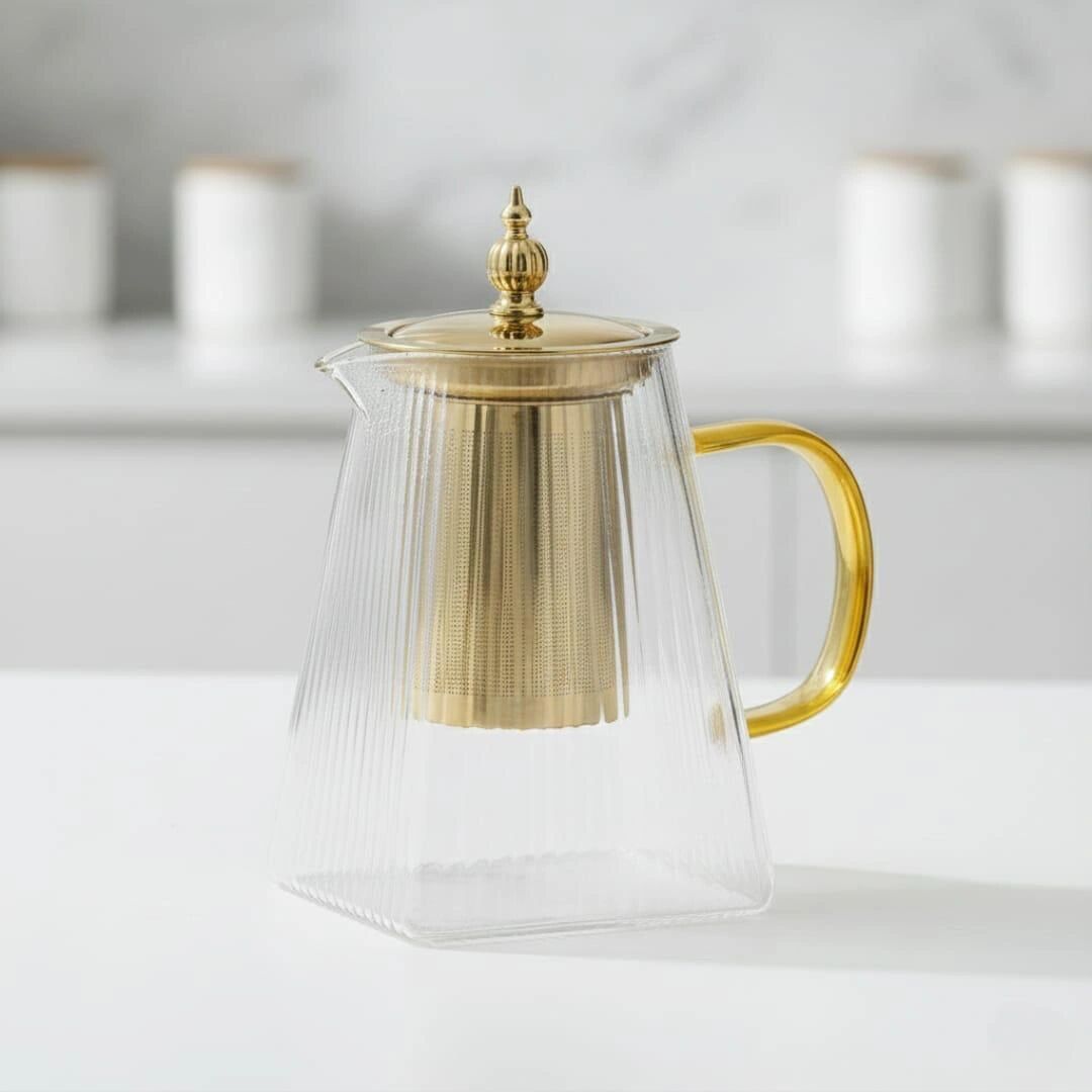 Théière en verre avec infuseur en acier doré – résistante à la chaleur  thumbnail 3
