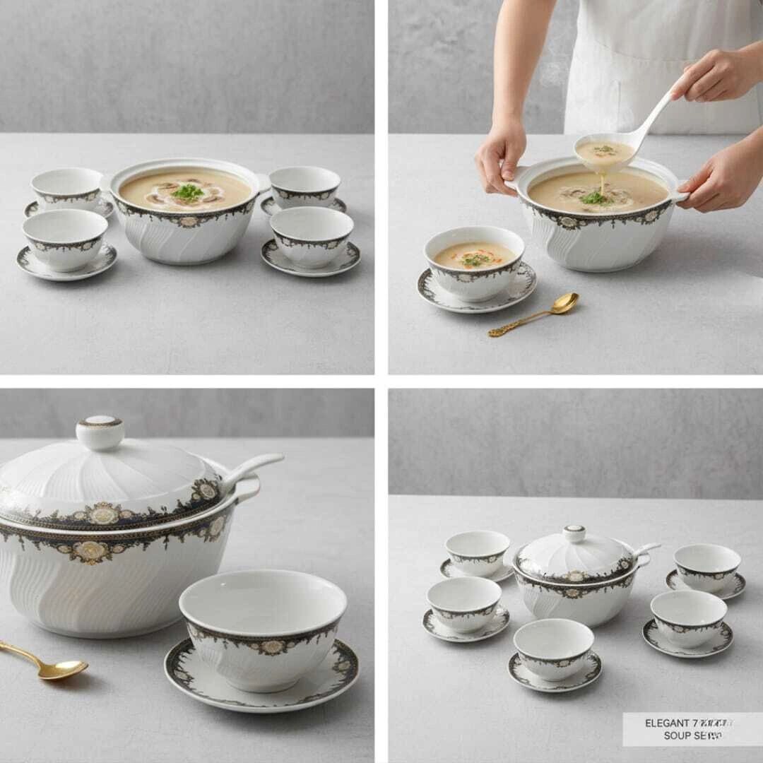 Soupière de Luxe 15 Pièces Blanche avec Détail Noir en Porcelaine