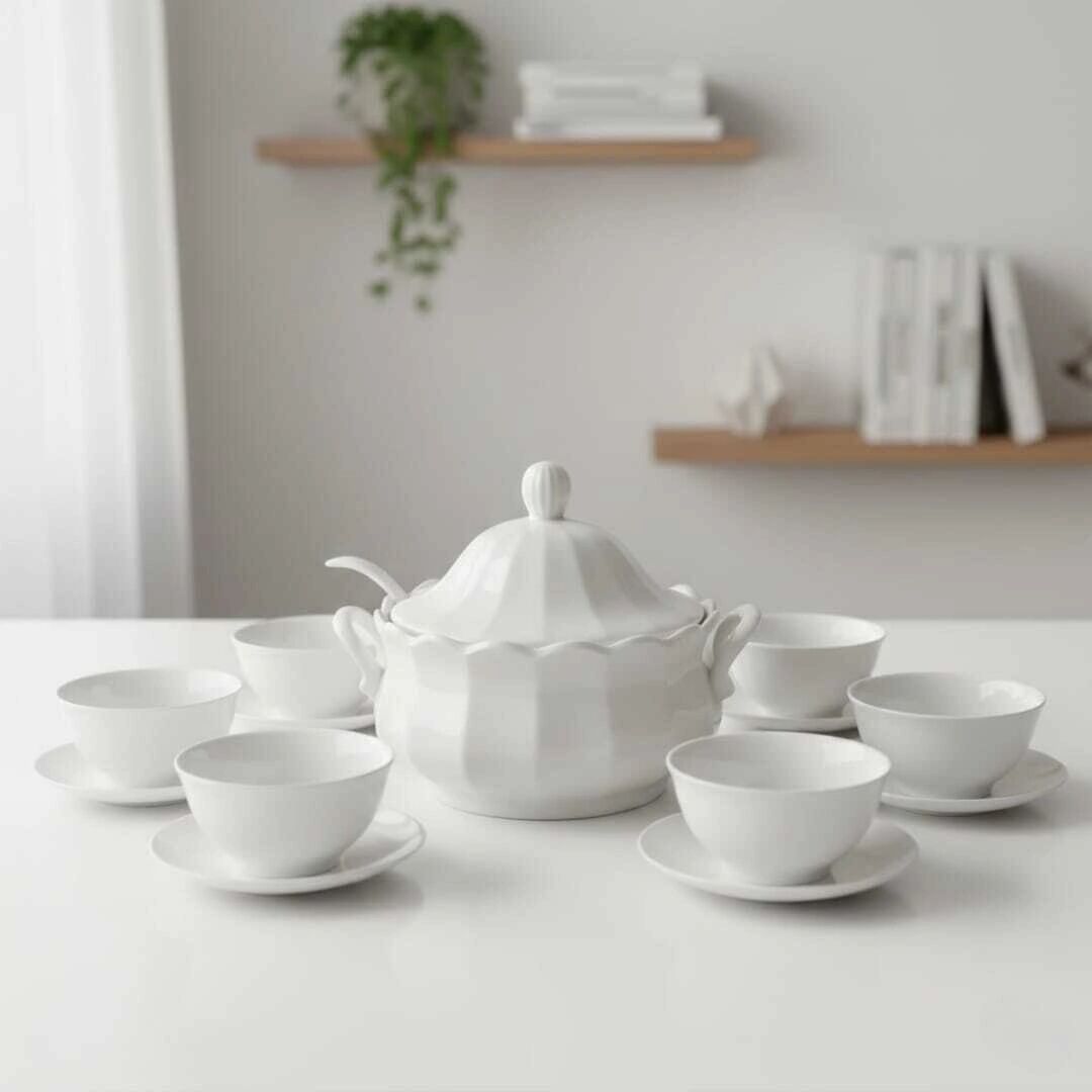 Soupière de Luxe 15 Pièces Blanche Royale en Porcelaine thumbnail 1