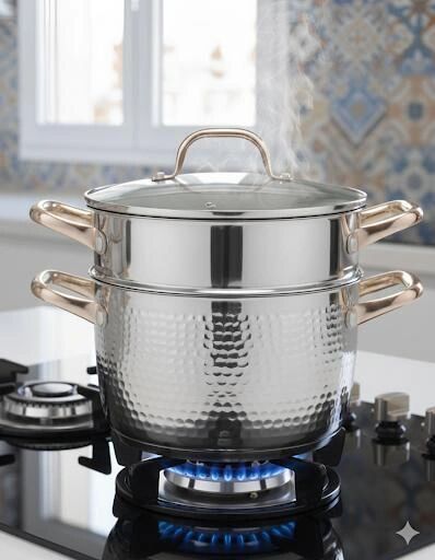 Couscoussier 8L en Acier Inoxydable – Marmite à vapeur 2-en-1 finition martelée