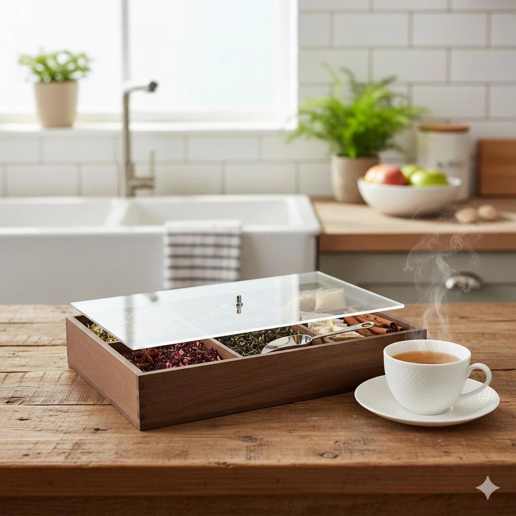 Présentoir Organisateur Multi-Usage en Bambou Naturel - 6 Compartiments avec Couvercle Transparent - 31/21cm