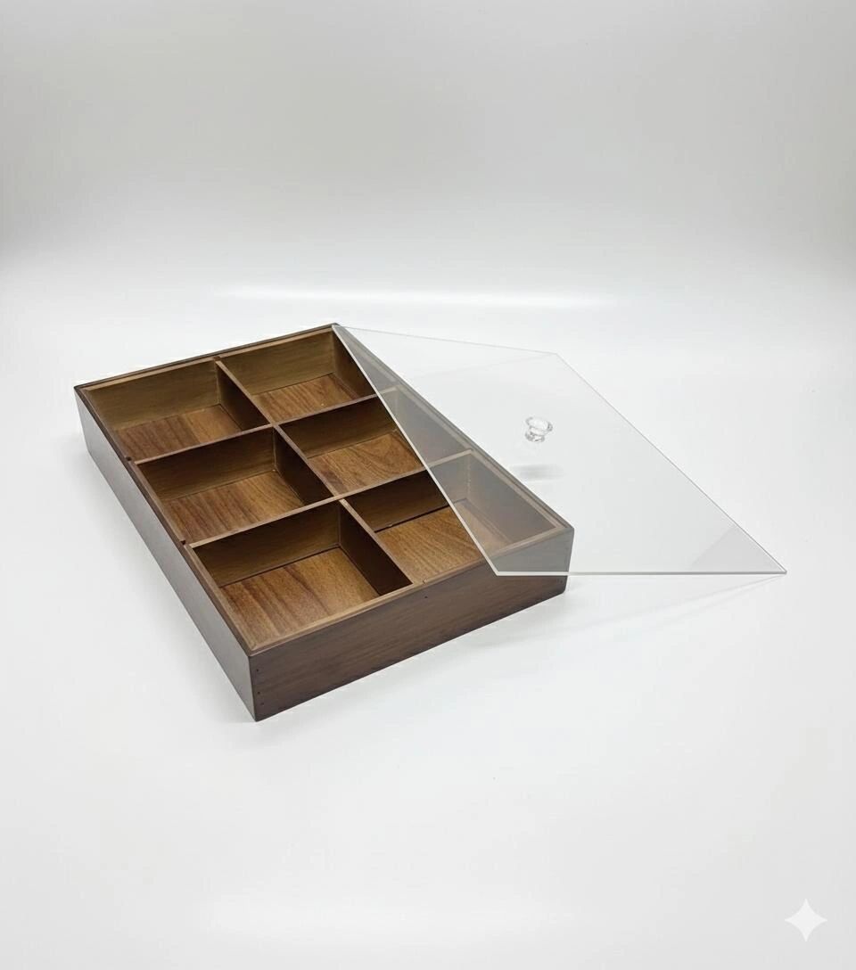 Présentoir Organisateur Multi-Usage en Bambou Naturel - 6 Compartiments avec Couvercle Transparent - 31/21cm