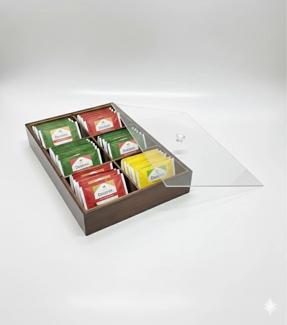 Présentoir Organisateur Multi-Usage en Bambou Naturel - 6 Compartiments avec Couvercle Transparent - 31/21cm thumbnail 3