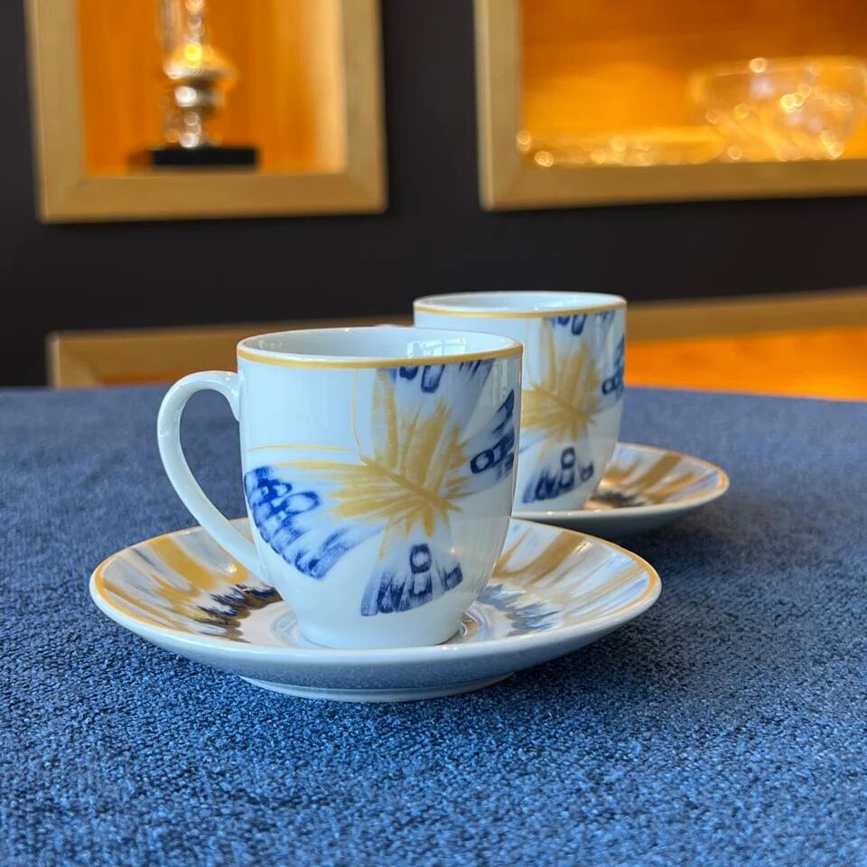 Ensemble de 6 tasses et 6 sous-tasses à café noires – Blue Butterfly