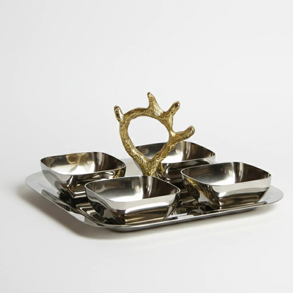 Plateau de service apéritif avec 4 bols carrés en inox