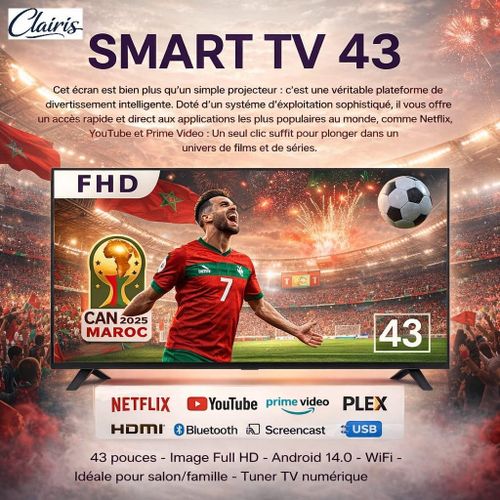 Smart Tv 43" Android 14 Fhd - Récepteur Intégré + Tnt + Hdmi + Usb + Bluetooth
