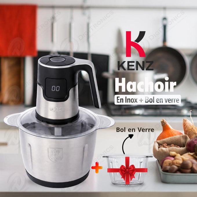 Hachoir Électrique 1000w, Bol Inox 3l + Bol En Verre, 6 Vitesses Multi-lames, Ud-9637