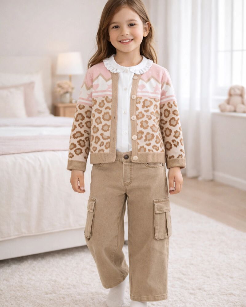 Ensemble Fille Cardigan Imprimé Léopard & Pantalon Cargo