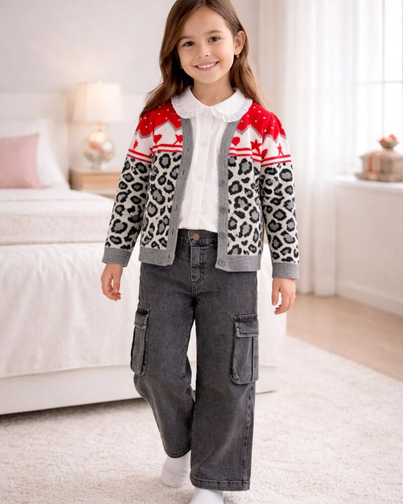 Ensemble Fille Cardigan Imprimé Léopard & Pantalon Cargo
