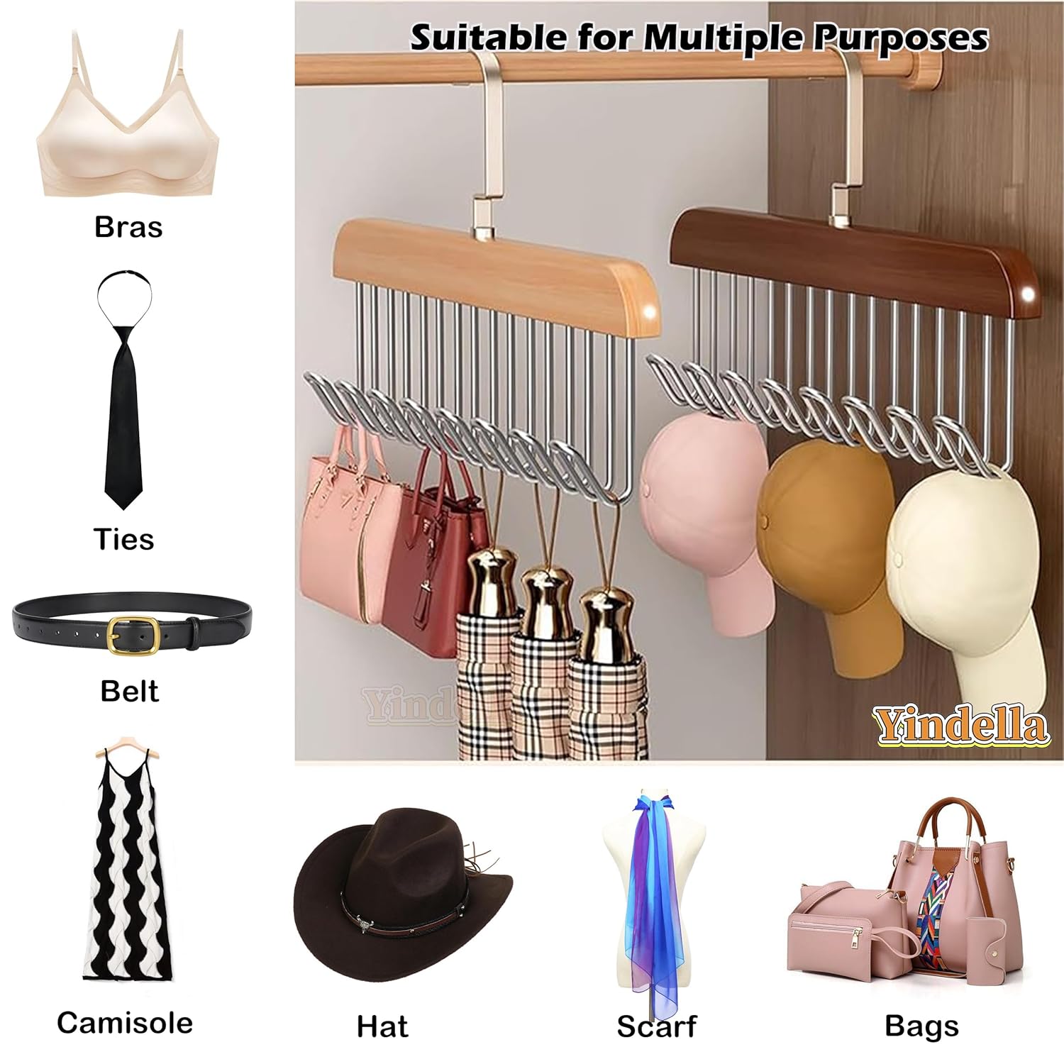 Cintres En Bois Épais Polyvalents Avec 8 Crochets, Pour Débardeurs, Cravates, Chapeaux, Foulards, Sacs De Rangement (2 Pièces)