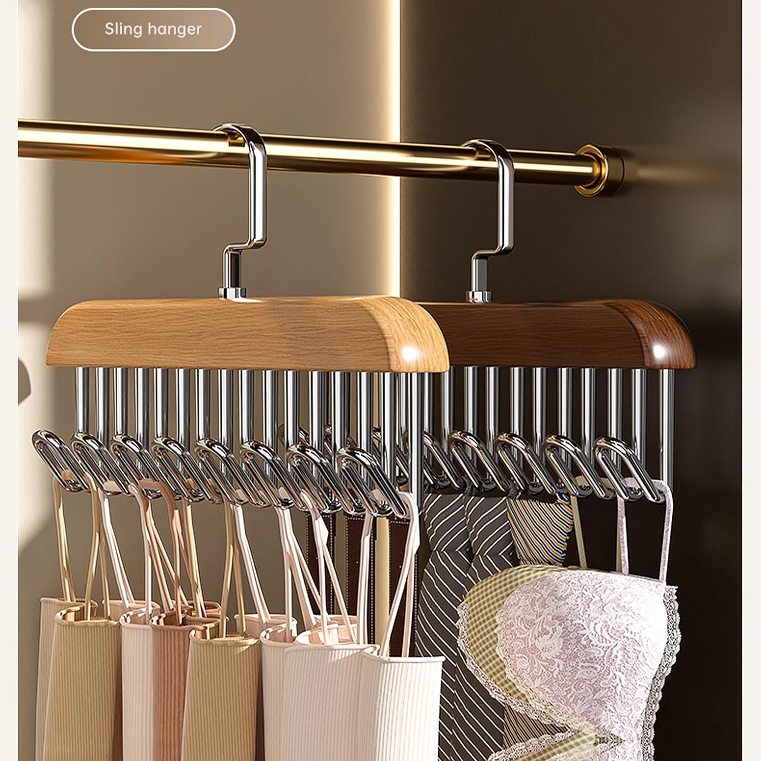 Cintres En Bois Épais Polyvalents Avec 8 Crochets, Pour Débardeurs, Cravates, Chapeaux, Foulards, Sacs De Rangement (2 Pièces) thumbnail 3
