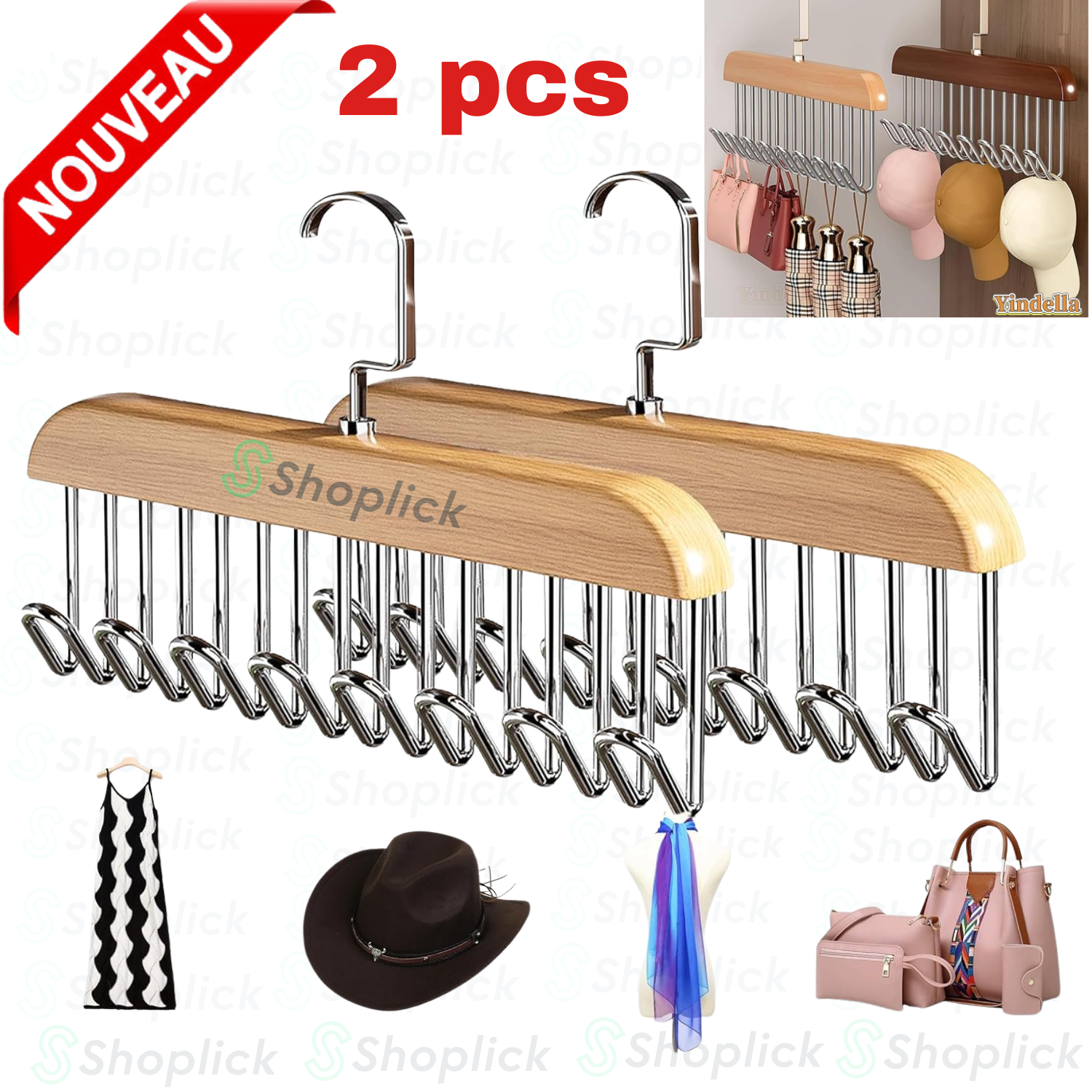 Cintres En Bois Épais Polyvalents Avec 8 Crochets, Pour Débardeurs, Cravates, Chapeaux, Foulards, Sacs De Rangement (2 Pièces) thumbnail 4