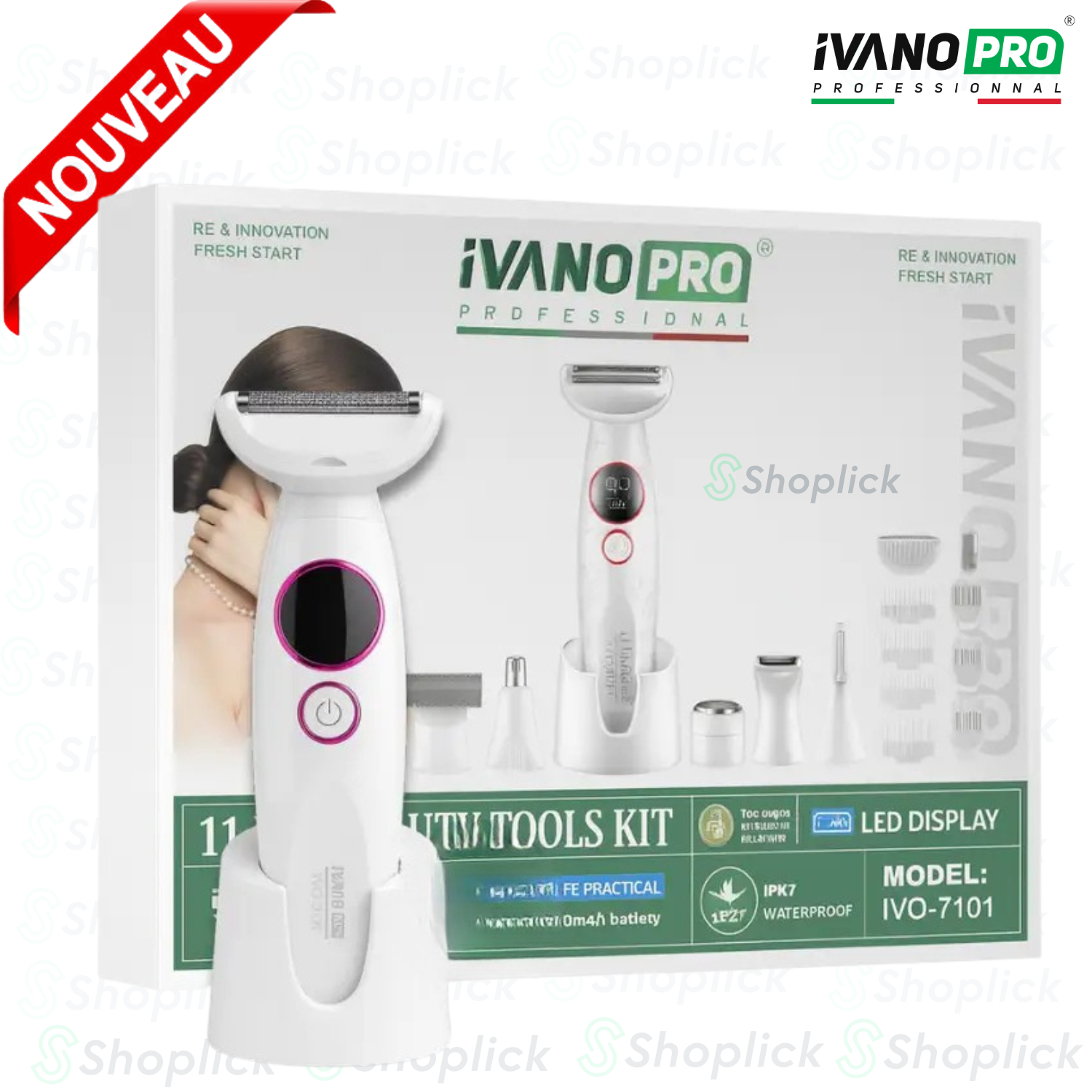 Tondeuse & Épilateur 11 En 1 Multifonction Professionnel Ivo-7101 Waterproof Ipx7, Écran Led, Autonomie 90 Min thumbnail 3