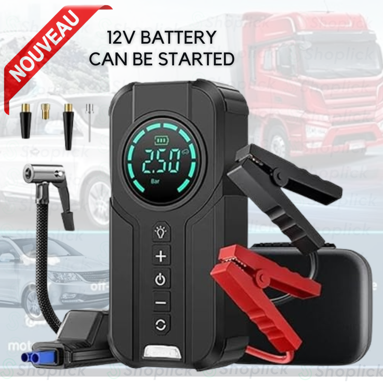 Demarreur De Voiture Avec Gonfleur De Pneus Led, Type C , Usb Alimentation