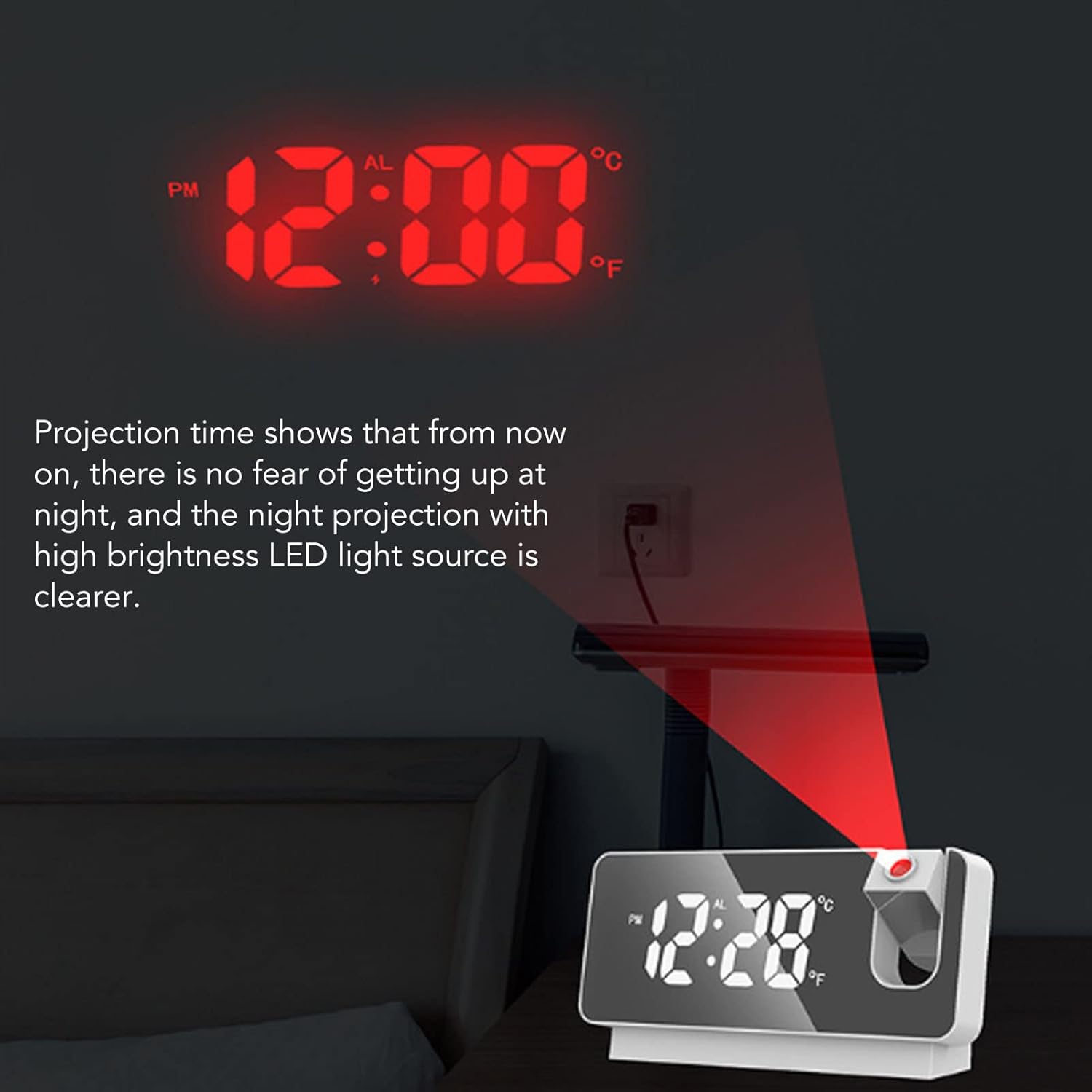 Réveil À Projection Pour Chambre À Coucher, Horloge Numérique Led À Projection Sur Plafond Et Mur 180 ° thumbnail 4