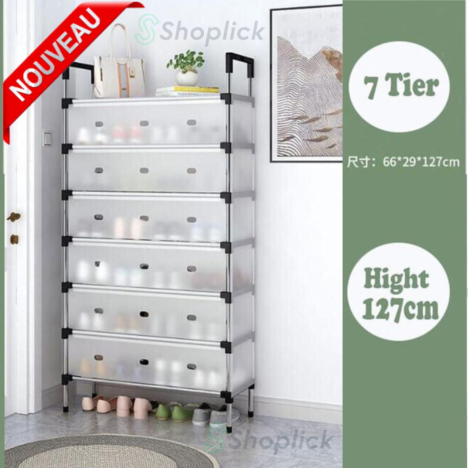 Etagère À Chaussures En Fer 7 Couches Avec Crochet Pour Salon, Chambre À Coucher thumbnail 4