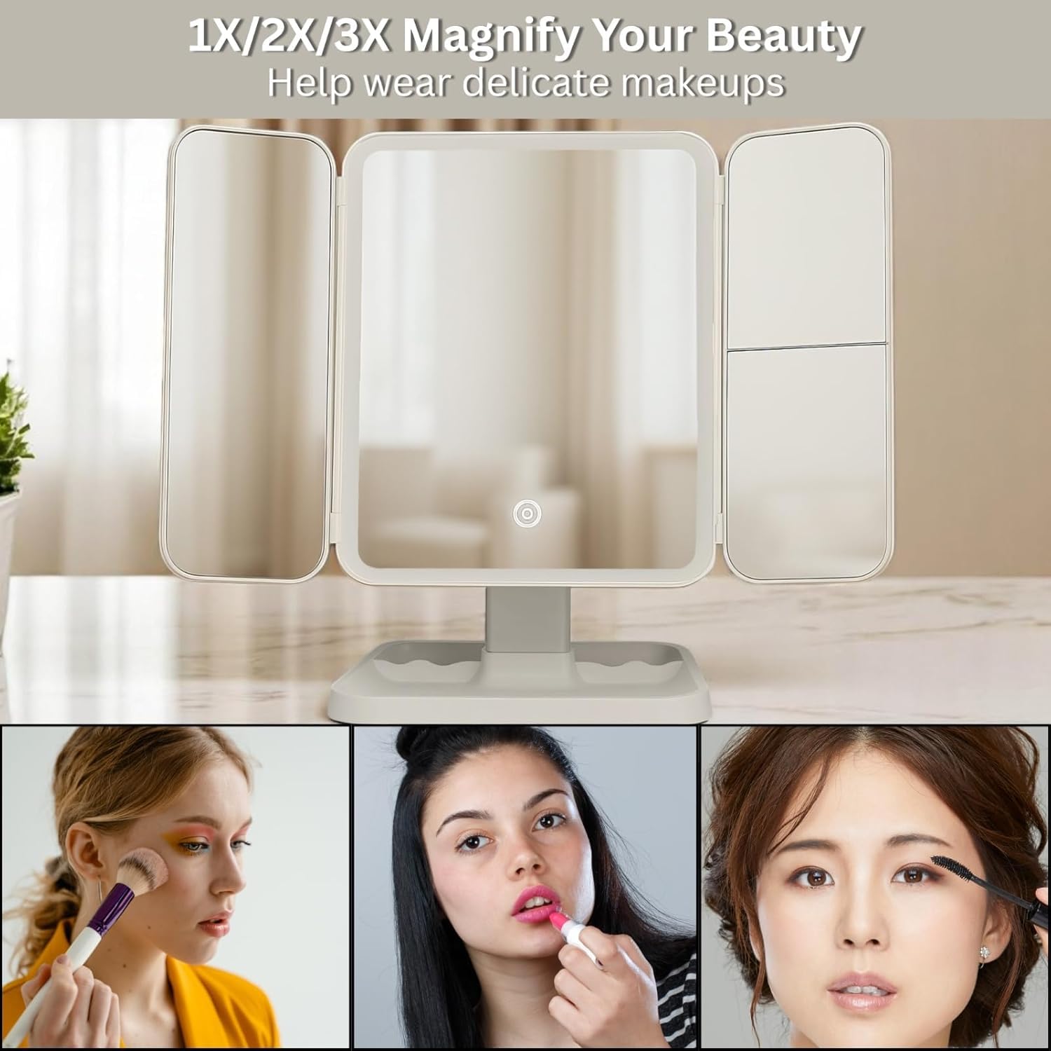 Miroir De Maquillage Triptyque Éclairé Avec Rangement Moderne thumbnail 3