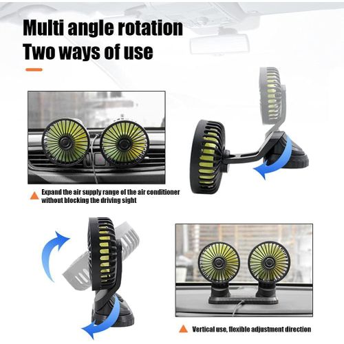 Ventilateur De Voiture Double Tête 360° – Usb 12v/24v, Silencieux Et Réglable