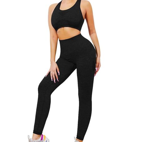 Set Sport 2 Pièces Pour Femme, Brassière Maintien & Legging Stretch, Entraînement Et Running, Noir