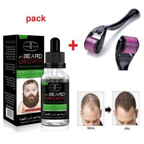 Pack Huile Croissance Barbe + Derma roller, Accélérateur Naturel De Pousse Barbe & Cheveux