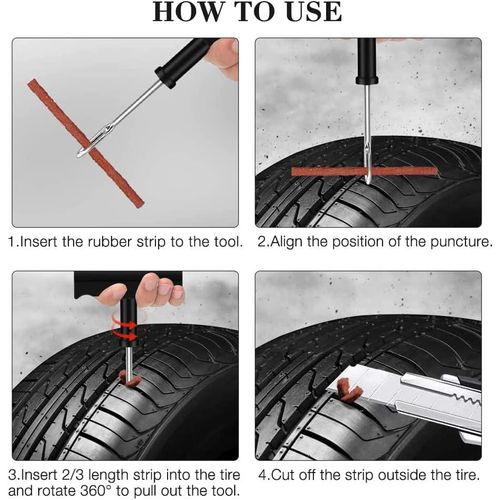 Kit De Réparation De Pneus Tubeless, Mèches Et Outils Inclus Pour Voiture Et Moto, 5 Bandes De Vulcanisation thumbnail 4