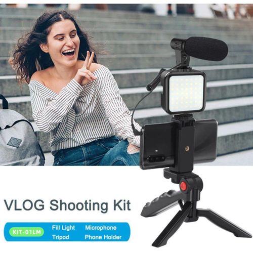 Support De Téléphone Portable Pour Vlogging, Kit Avec Microphone, Lumière Led, Trépied Et Télécommande