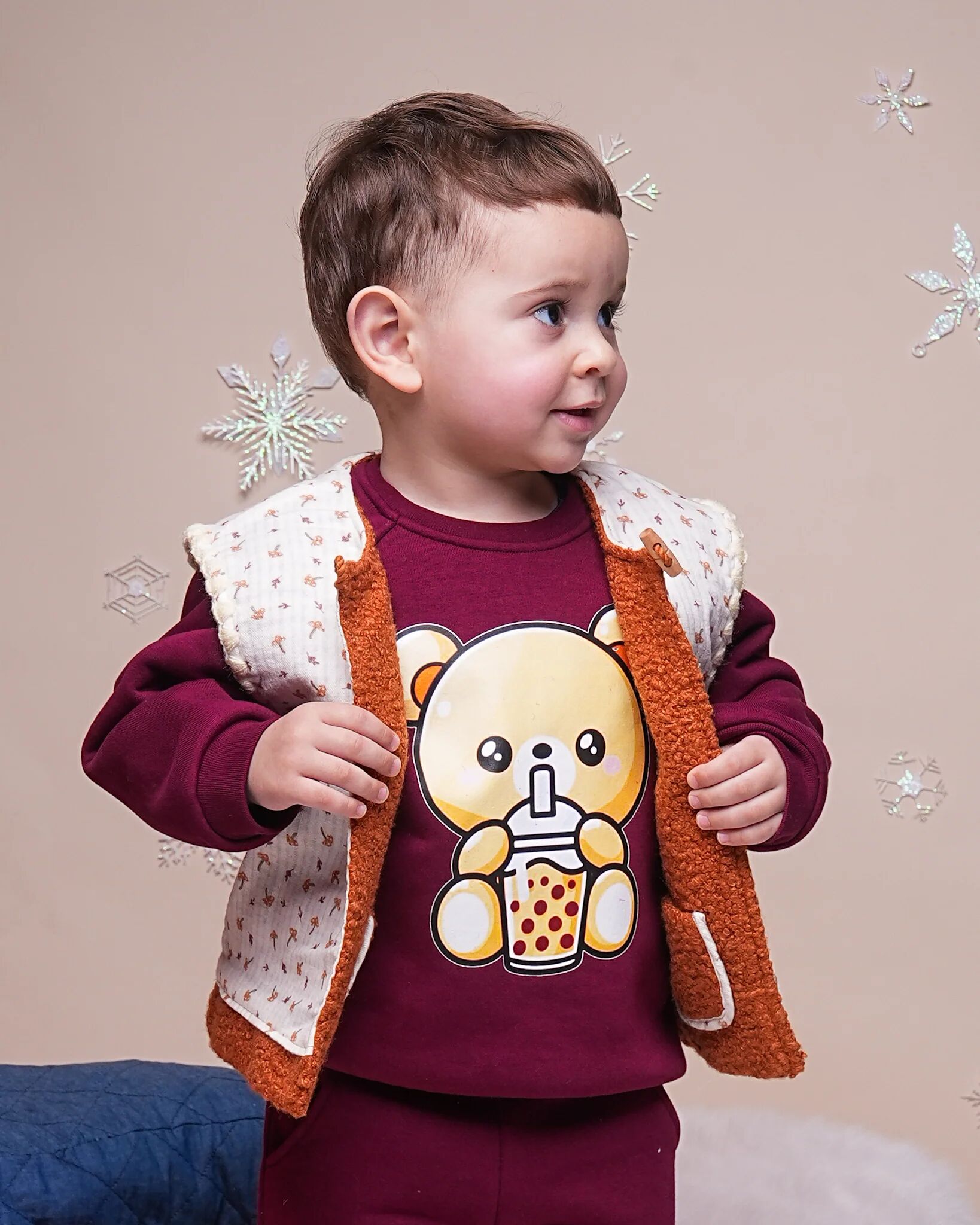 Gilet Bébé Sans Manches En Tissu Bouclette – Doublure Fleurie thumbnail 3