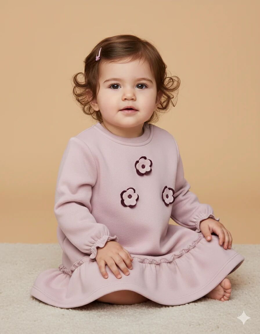 Robe Bébé Fille En Molleton – Détails Fleurs Brodées