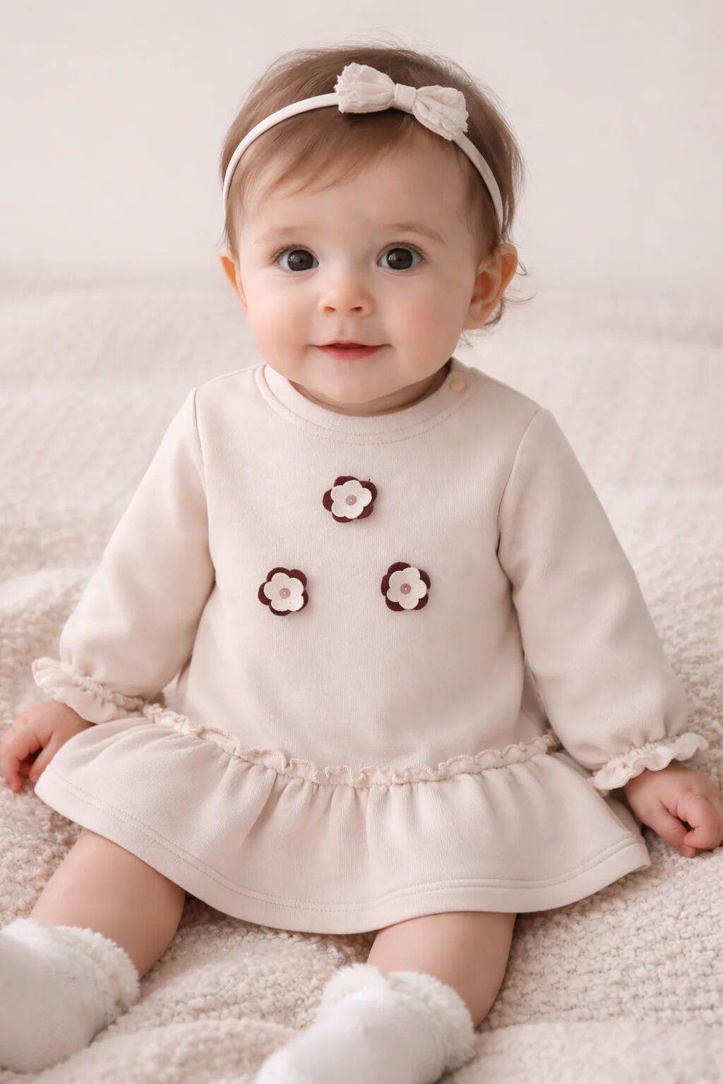 Robe Bébé Fille En Molleton – Détails Fleurs Brodées